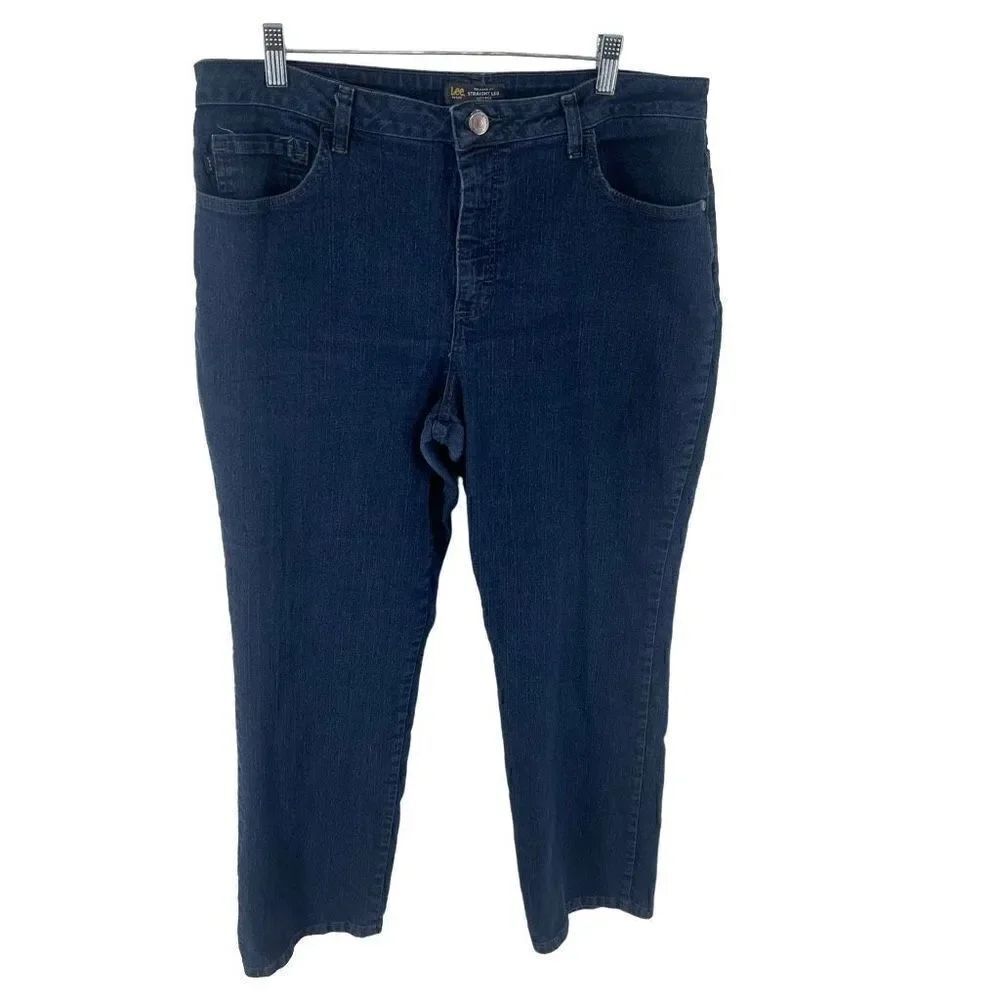 LEE Women's High Rise Jeans Denim Straight Leg Relaxed Fit Blue Size 16 Petite